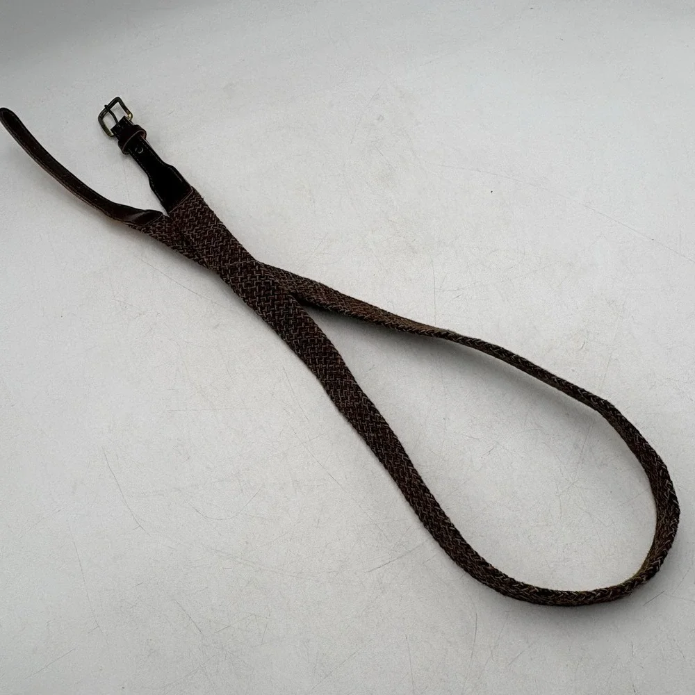VTG 70s Woven Stretch Belt Sz 40 Brown Tan Leather Trim Boho Preppy USA